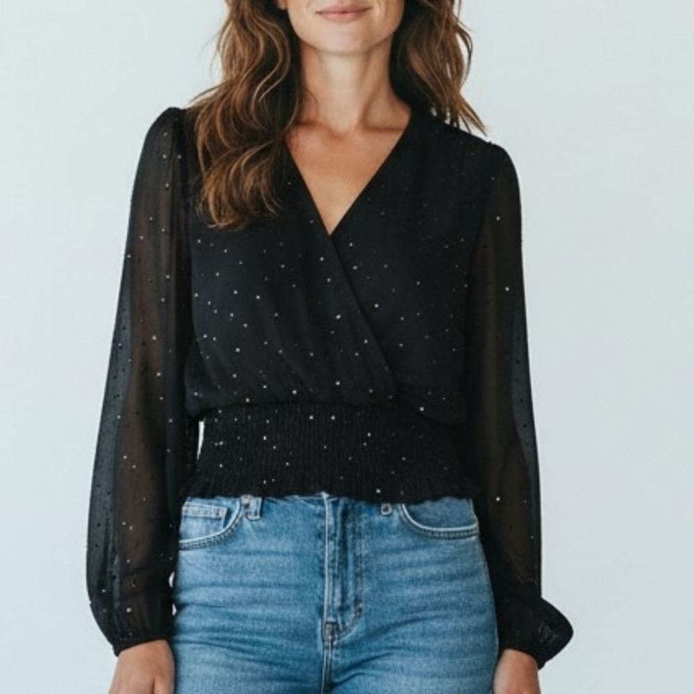 Haver London Black Sequins Sheer Sleeves Smocked-Waist Surplice Blouse Small
